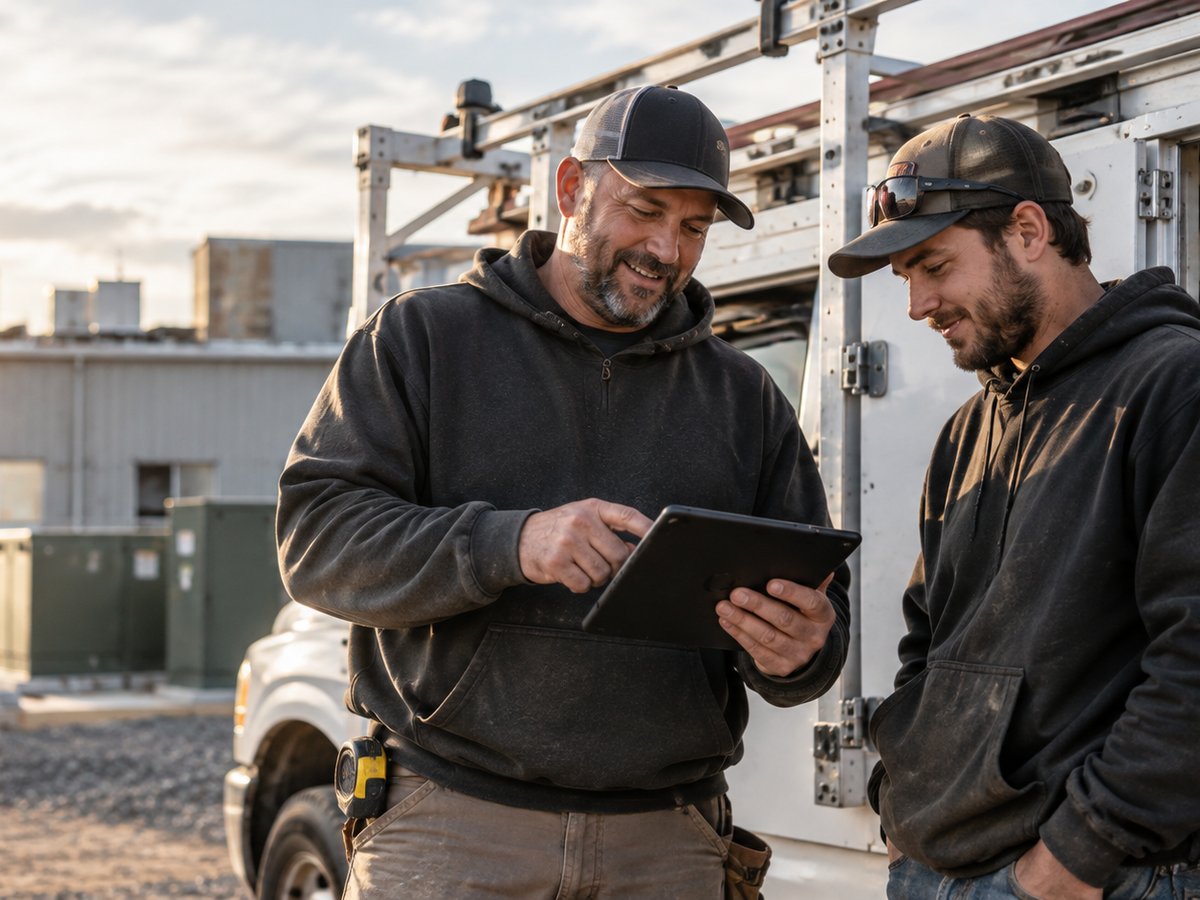 Illustrative scene of two service professionals discussing work beside a truck